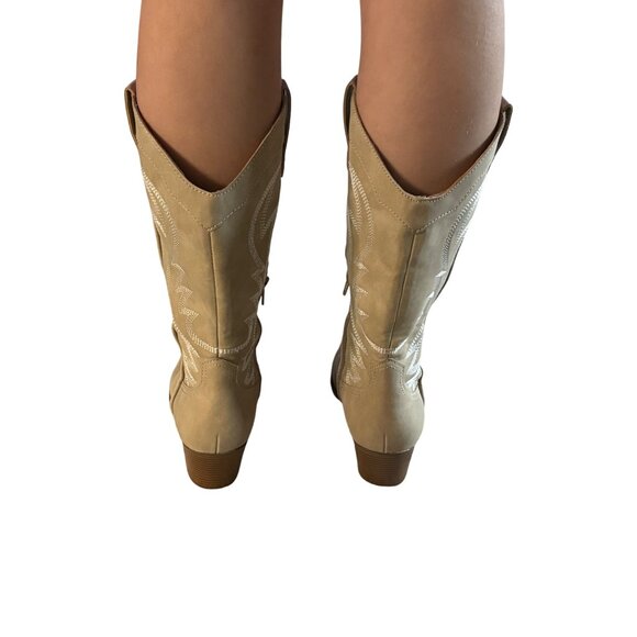 Tan Western Cowboy Boots Indigo Rd. Embroidered Mid-Calf Stacked Heel Womens 7M - Picture 4 of 15